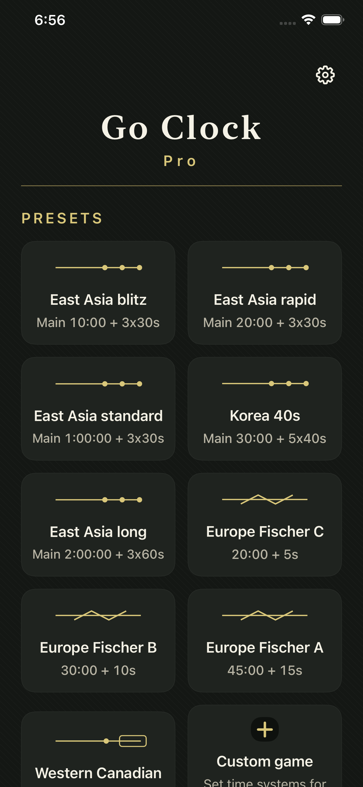 Go Clock Pro presets screen showing go clock time controls