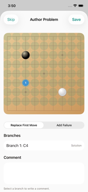 GoReview Author Problem screen on iPhone with a saved solution branch.