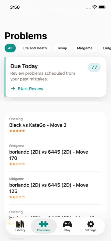 GoReview Problems tab showing the saved mistake in Due Today practice.