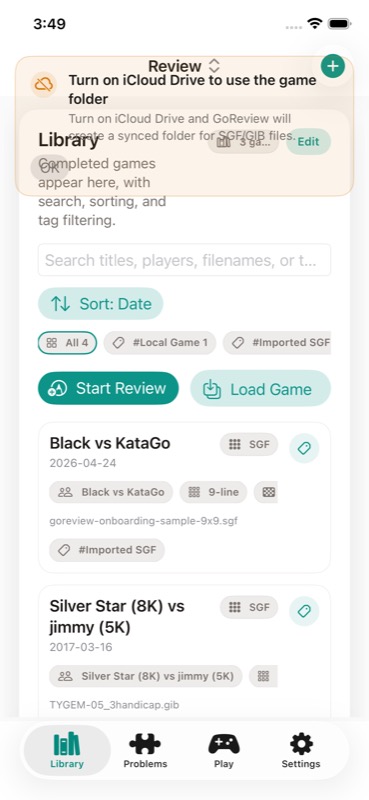 GoReview iPhone library showing imported games and the Start Review button.