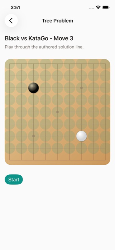 GoReview problem practice screen showing a saved problem created from a review mistake.