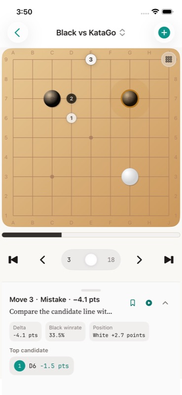 GoReview review screen on iPhone showing Move 3 as a mistake with delta, win rate, score lead, and top candidate.